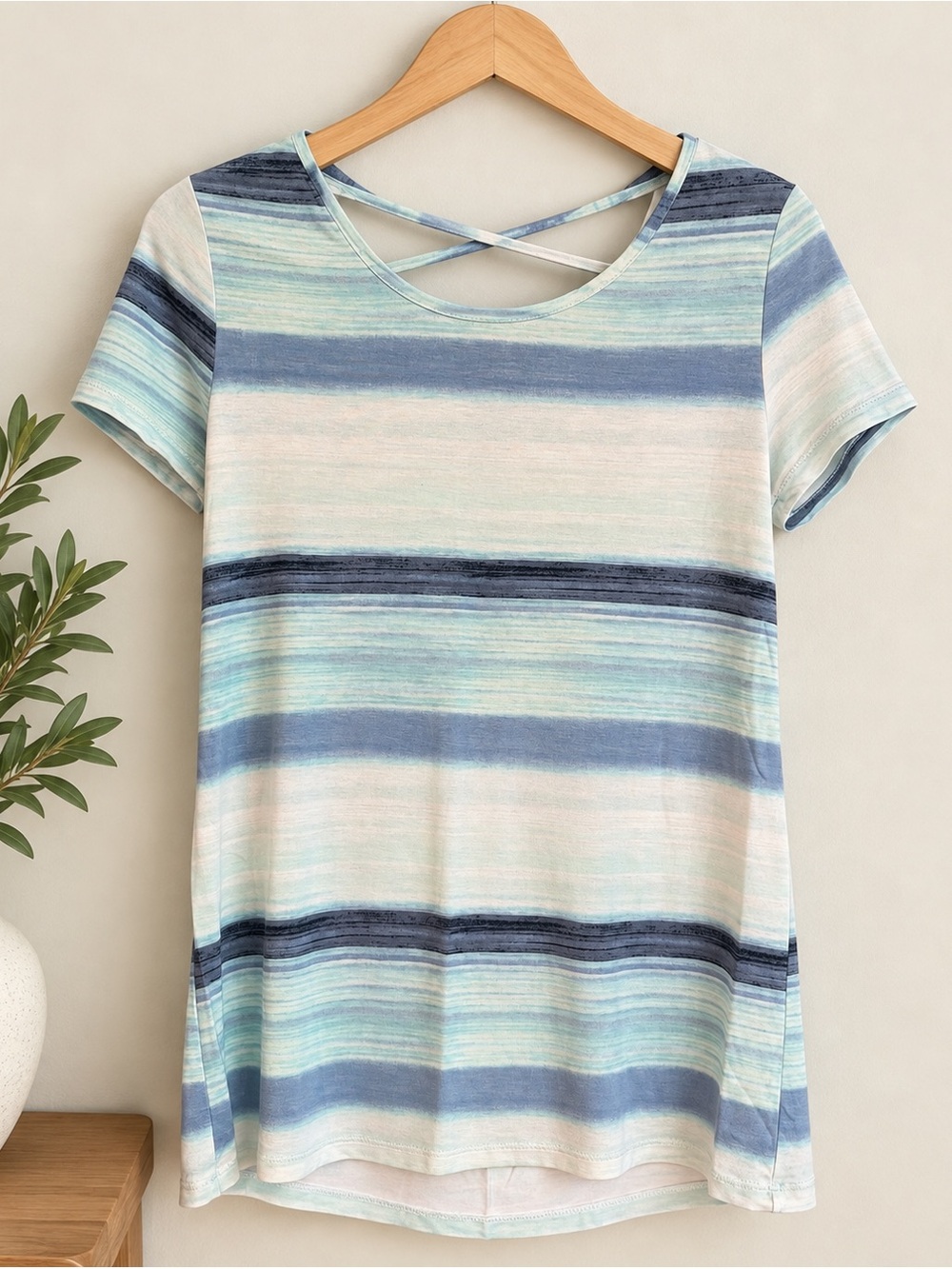 Cato beachy Striped Short-Sleeve Crisscross Back Top in Light Blue